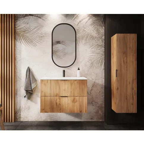 2 ryflowane szafki łazienkowe z blatem Onellia 14X dąb craft złoty