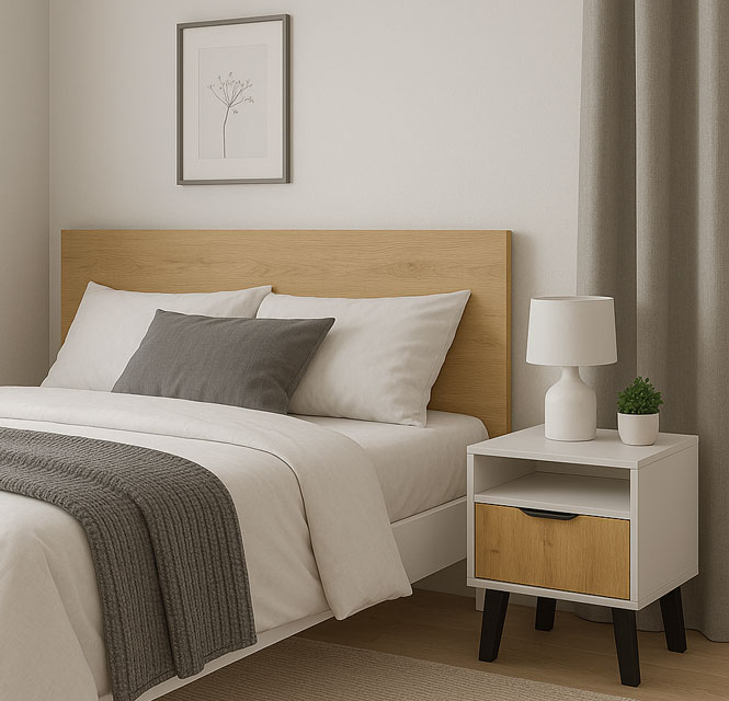 Sypialnia z wykorzystaniem szafki nocnej Leoniz 3X kaszmir + dąb artisan
