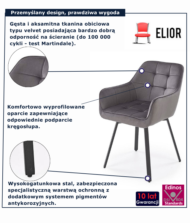 Popielate pikowane krzesło welurowe Dorren