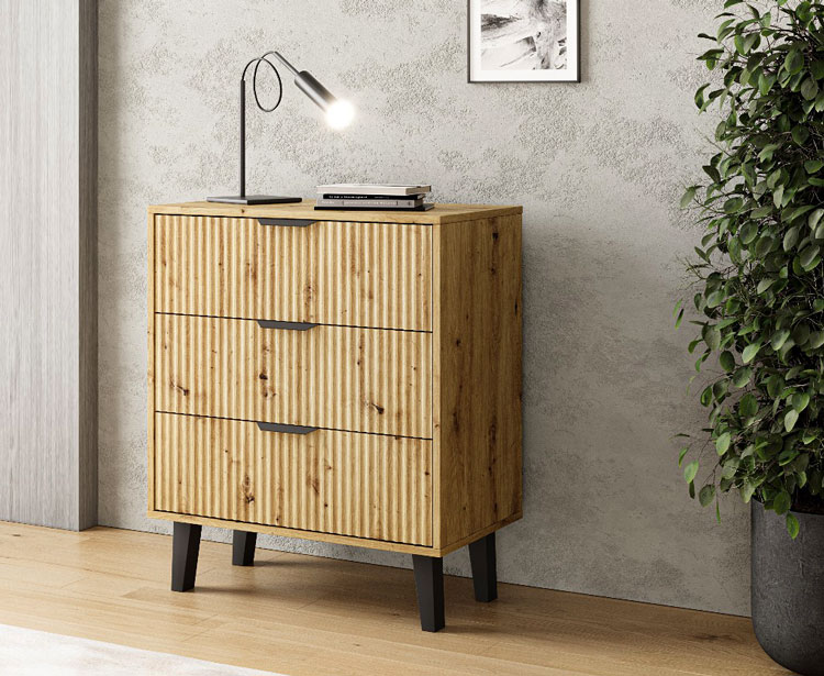 Wizualizacja komody z 3 szufladami na czarnych nóżkach Leoniz 4X dąb artisan