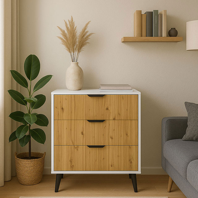 Wizualizacja komody z 3 szufladami Leoniz 4X kaszmir dąb artisan