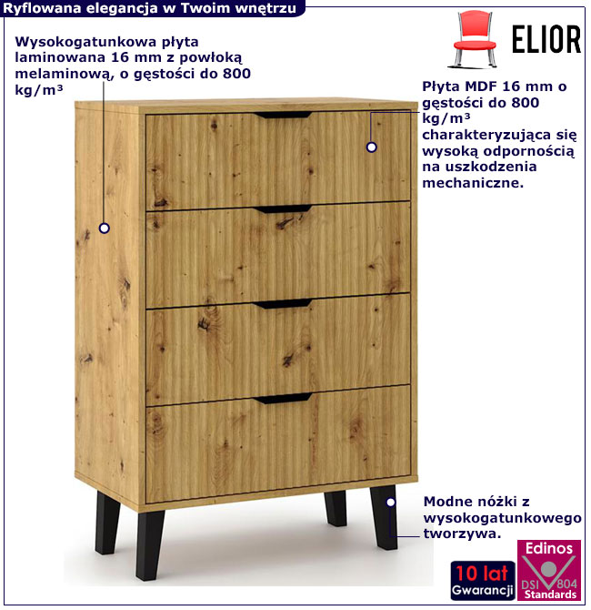 Komoda z 4 szufladami na nóżkach do salonu Leoniz 5X dąb artisan
