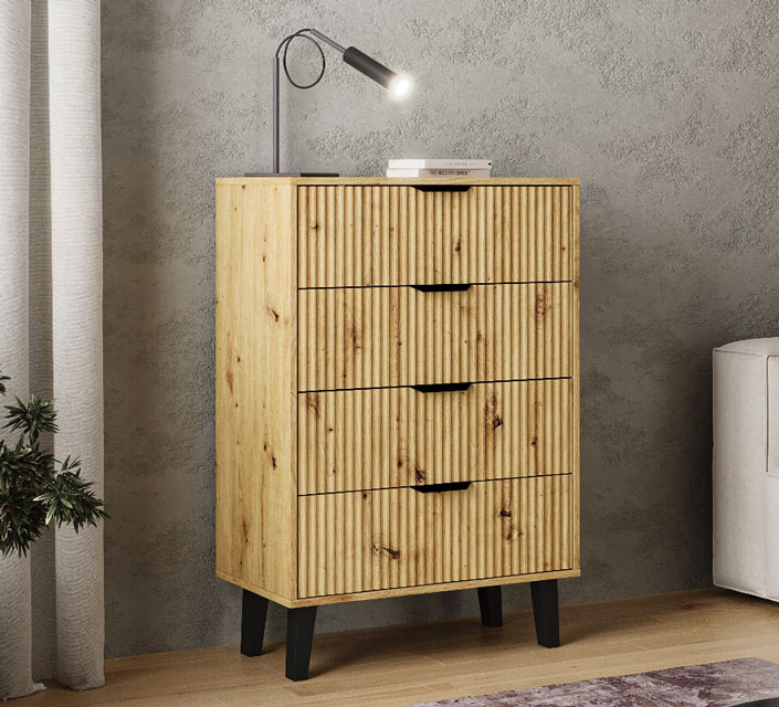Wnętrze z komodą z 4 szufladami na czarnych nóżkach Leoniz 5X dąb artisan