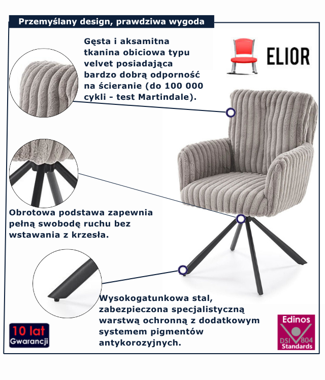 Szare obrotowe krzesło tapicerowane Glovra