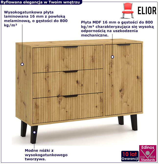 Komoda z 3 szufladami i szafką na nóżkach do salonu Leoniz 6X dąb artisan