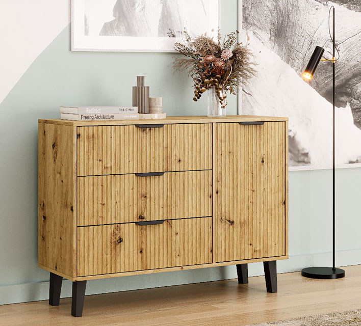 Salon z wykorzystaniem ryflowanej komody Leoniz 6X dąb artisan