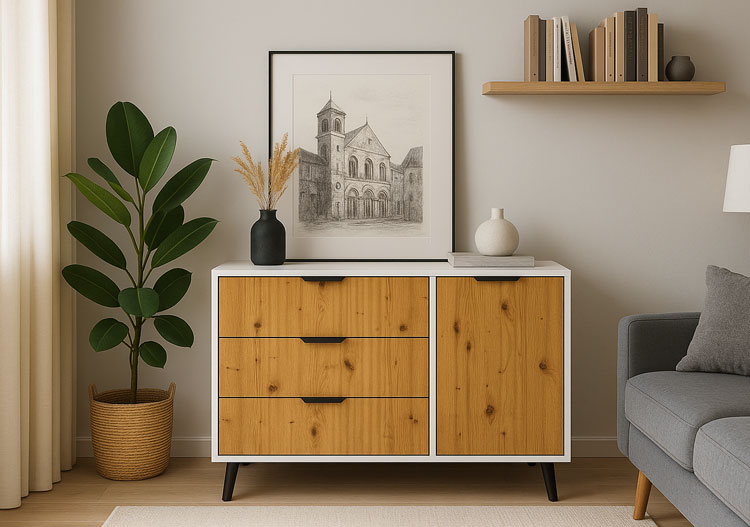 Salon z wykorzystaniem ryflowanej komody Leoniz 6X kaszmir + dąb artisan