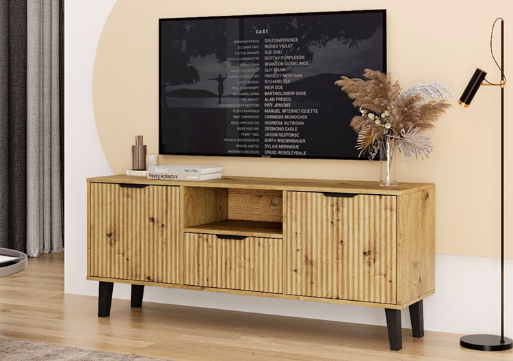 Salon z niaską szafką pod telewizor Leoniz 7X dąb artisan