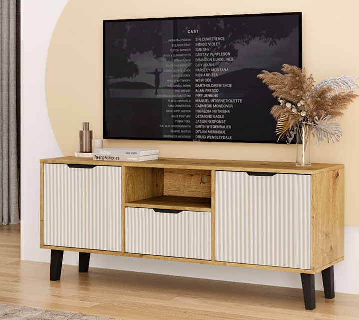 Salon z niską szafką pod telewizor Leoniz 7X dąb artisan + kaszmir