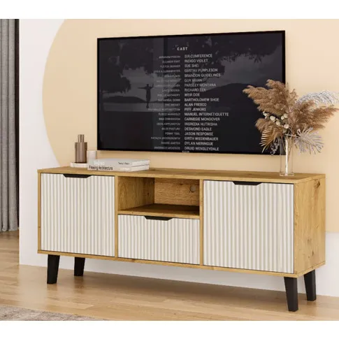 Salon z ryflowaną szafką RTV dąb artisan kaszmir Leoniz 7X