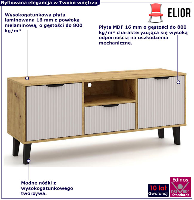 Ryflowana szafka RTV na nóżkach Leoniz 7X dąb artisan + kaszmir