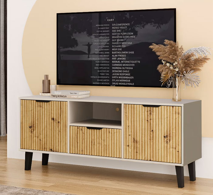 Salon z niską szafką pod telewizor Leoniz 7X kaszmir + dąb artisan