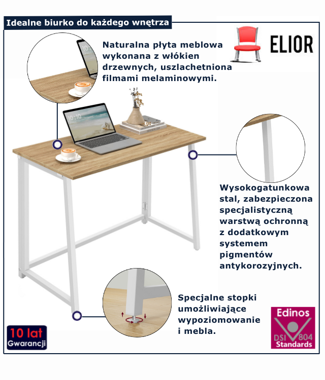 Małe biurko składane Odix dąb sonoma + biały