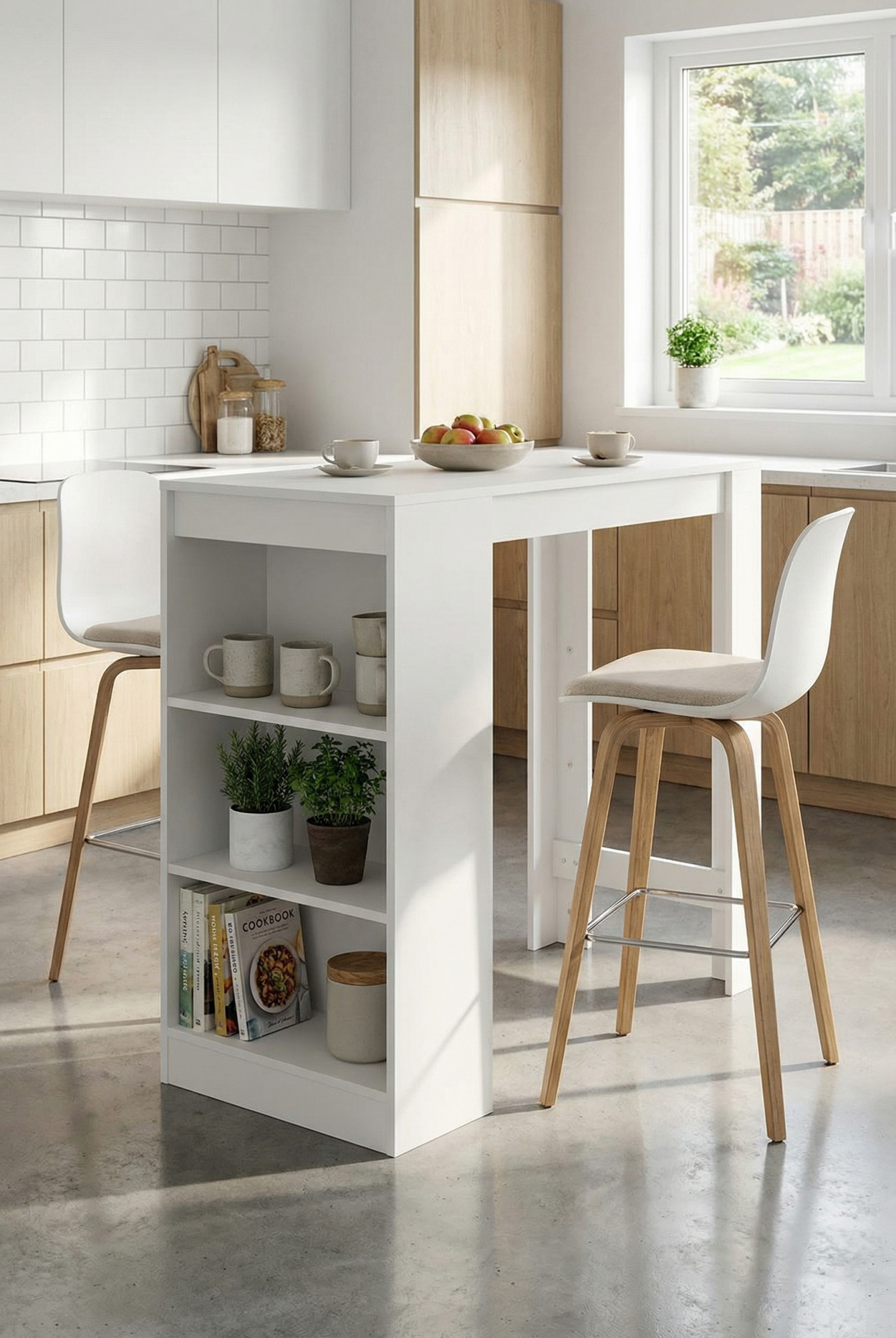 Aranżacja kuchni ze stolikiem barowym z półkami April