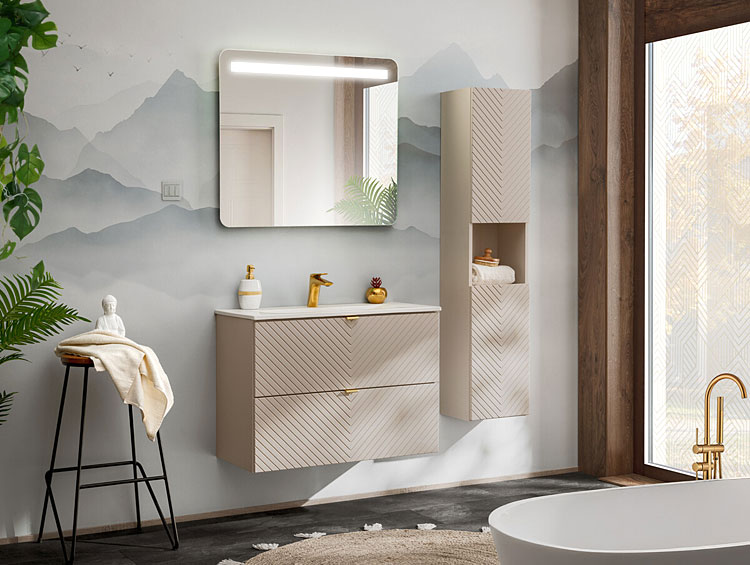 Wizualizacja wnętrza z kaszmirowa kolekcją mebli Virello