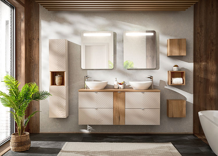 Wizualizacja wnętrza z kaszmirowa kolekcją mebli Virello