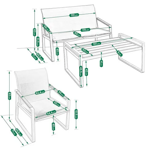 Wymiary zestawu do ogrodu w kolorze białym Sofiesta