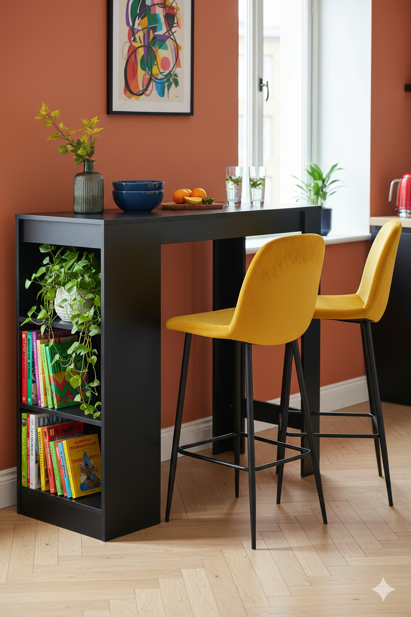 Aranżacja kuchni z stolikiem barowym z półkami April – czarny