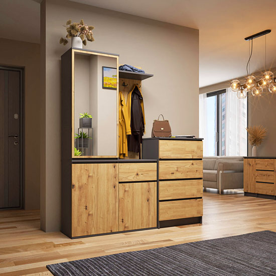 wizualizacja garderoby szary + dąb artisan Blex