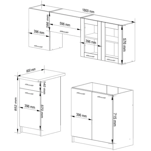 Obraz techniczny z wymiarami mebli białych Vivienne 180 cm