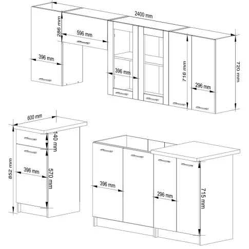 Wymiary kompletu mebli w kolorze białym z witryną 240 cm Vivienne