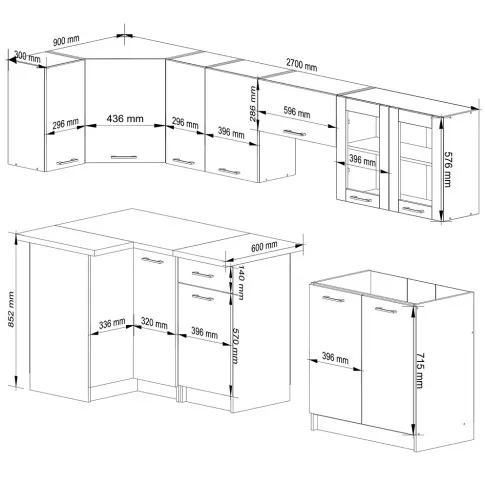 Wymiary mebli narożnych w kolorze beton 300 cm Poli