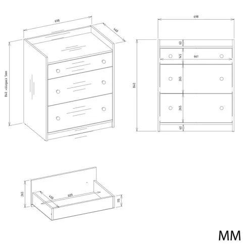 wymiary komody białej do sypialni Waxid