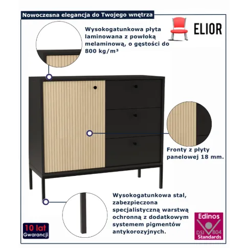 Ryflowana komoda z 3 szufladami Urisso 4X czarny + dąb gaja