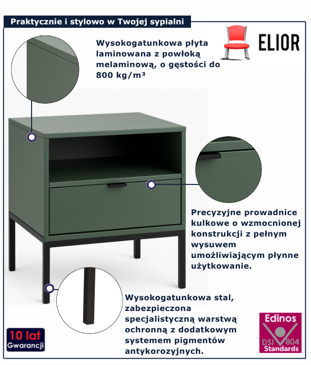 Zielona szafka nocna na nóżkach z szufladą i półką Omeria