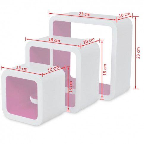 Wymiary zestawu biało-różowych półek ściennych Luca 2X