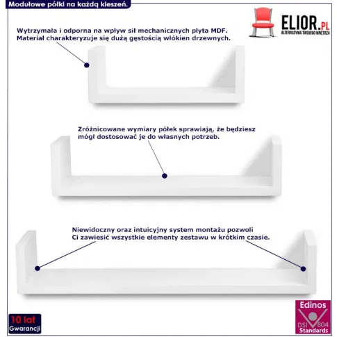 zestaw białych półek ściennych baffic 2x infografika