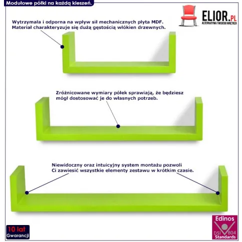 zestaw zielonych półek ściennych baffic 2x infografika
