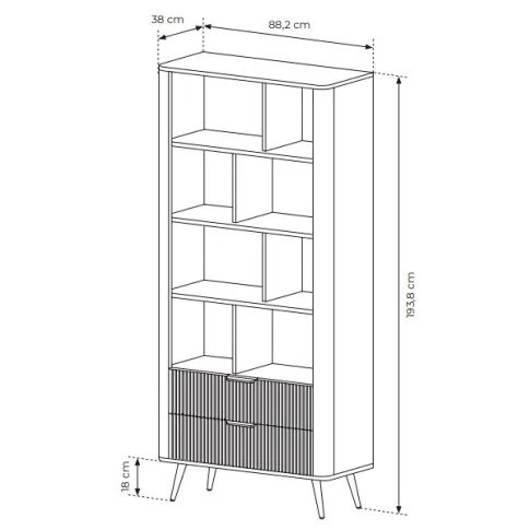 Rysunek techniczny z wymiarami regału beżowego Nook 3X