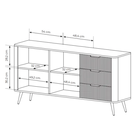 Rysunek techniczny z wymiarami komody na nóżkach Nook 5X