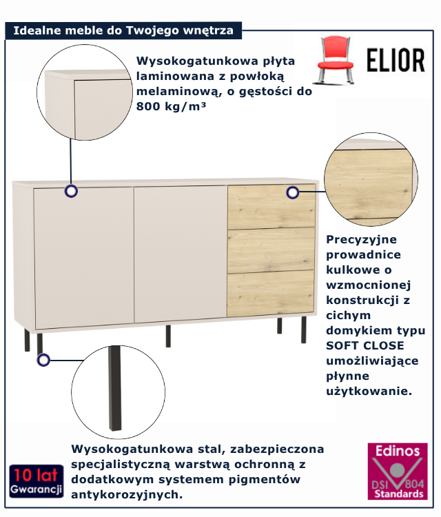 Nowoczesna komoda na nóżkach Liosso 4X kaszmir + dąb artisan