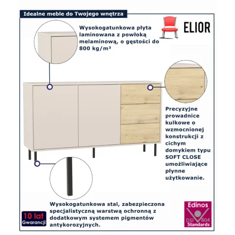 Duża komoda na nóżkach Liosso 3X kaszmir + dąb artisan