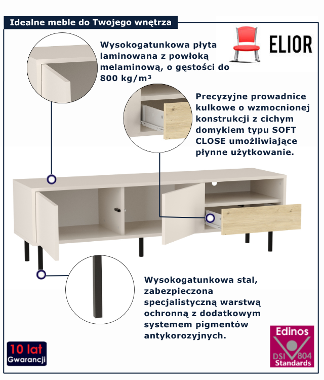 Szafka RTV na nóżkach z szufladą Liosso 6X kaszmir + dąb artisan