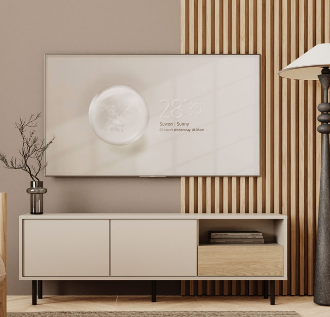 Wizualizacja salonu z szafką RTV na nóżkach Liosso 6X kaszmir + dąb artisan