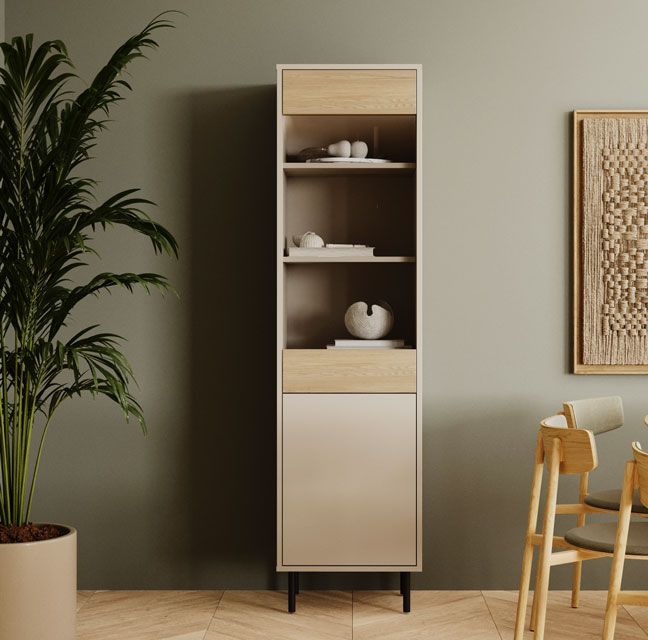 Aranżacja z wykorzystaniem szklanej witryny Liosso 7X kaszmir + dąb artisan