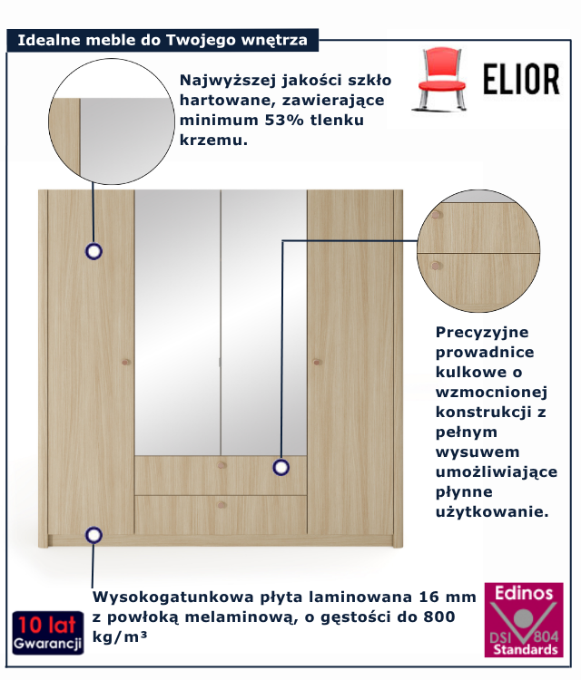 Duża klasyczna szafa z lustrem dąb barista Lizzy 3X