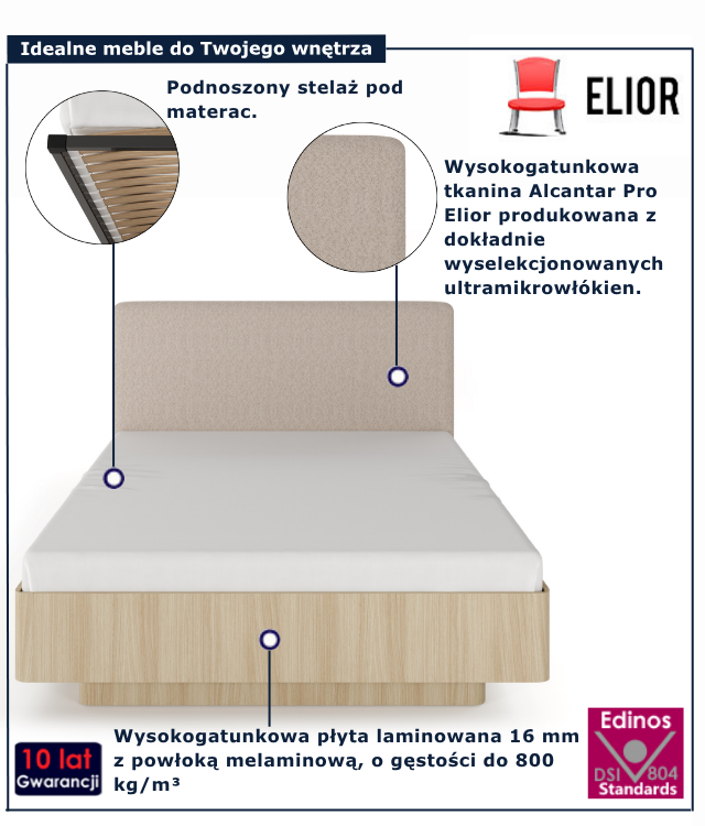 Łóżko z tapicerowanym zagłówkiem i stelażem dąb barista Lizzy 6X