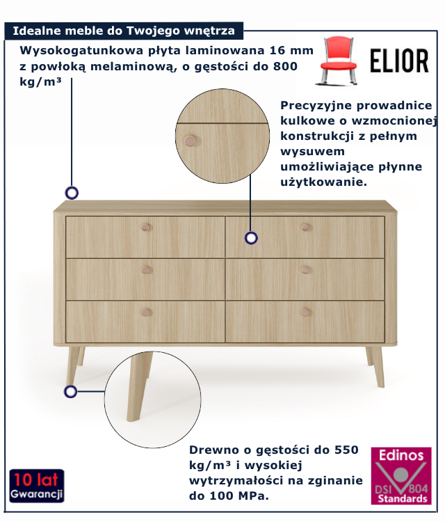 Komoda z 6 szufladami w stylu japandi do salonu Lizzy 5X dąb barista