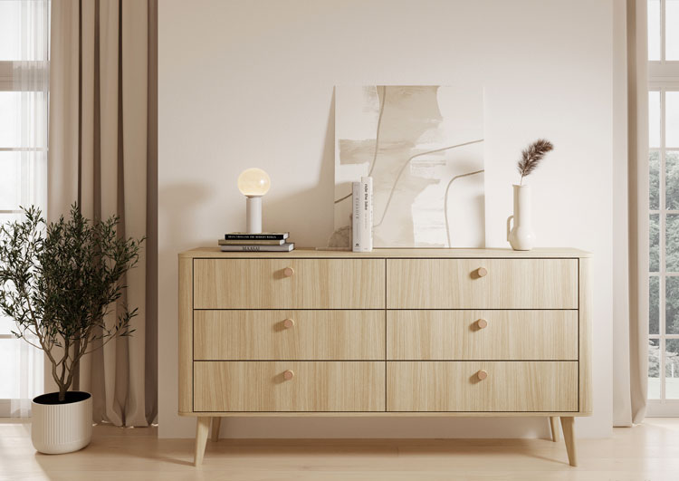 Wizualizacja komody z 6 szufladami w sypialni Lizzy 5X dąb barista
