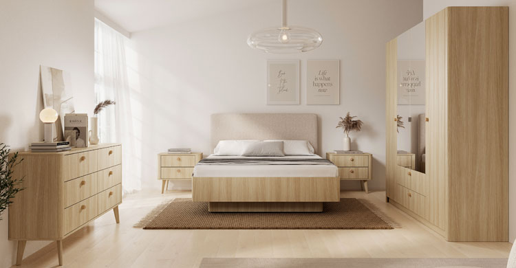 Sypialnia z zestaewem mebli w stylu japandi Lizzy 8X dąb barista