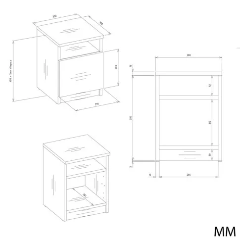 wymiary nowoczesnej szafki nocnej Tesox 