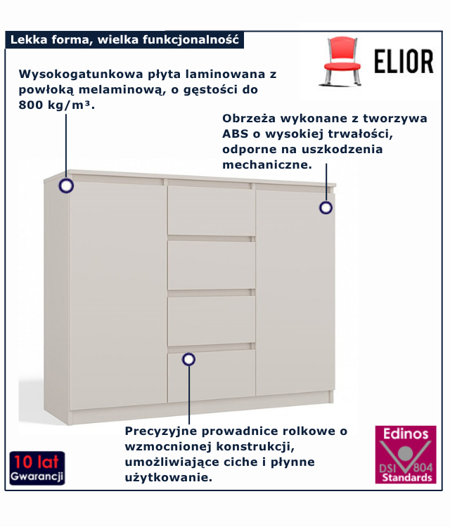 Biała komoda z 4 szufladami i 2 drzwiczkami