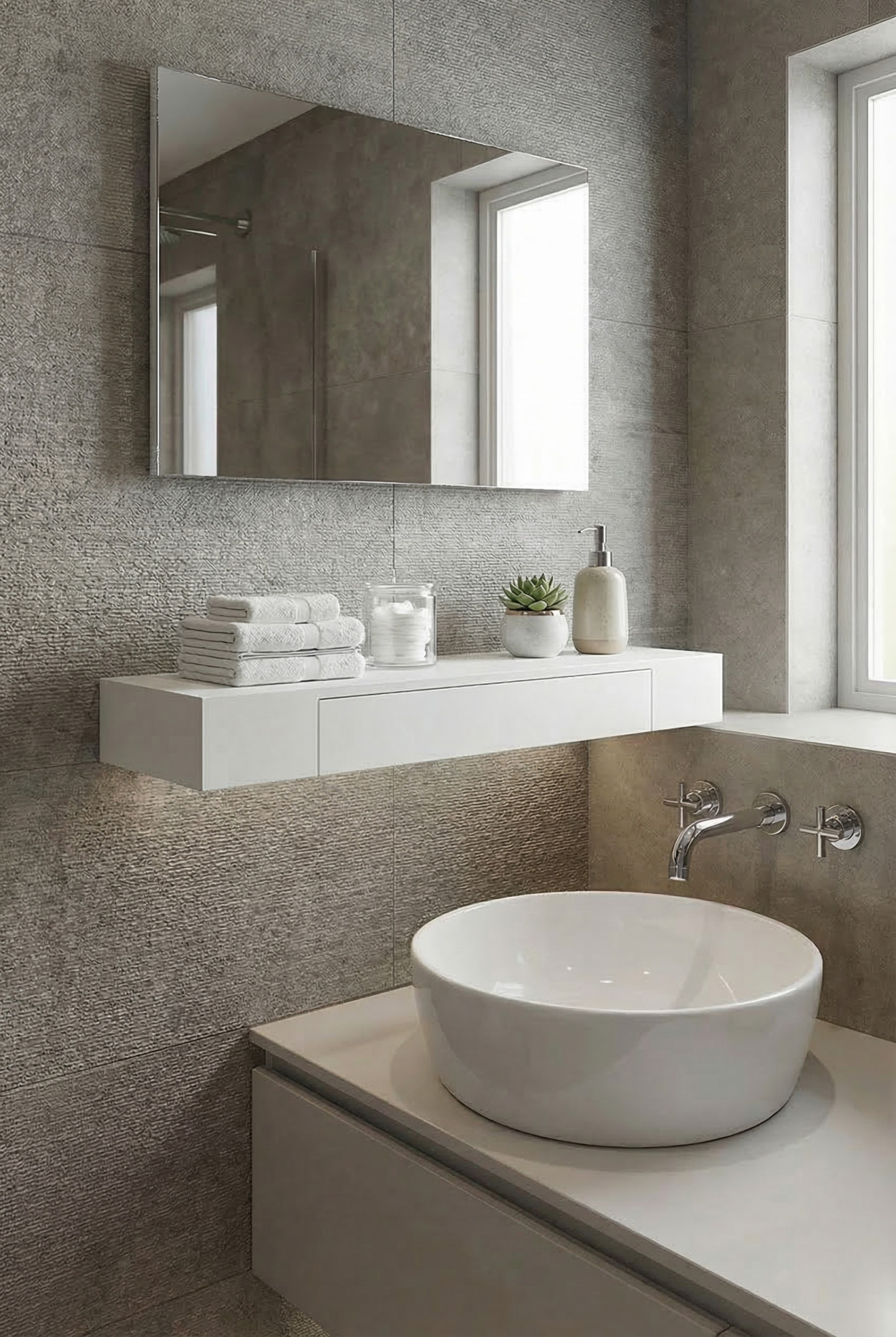 Łazienka z wykorzystaniem bialej półki ściennej z szufladą Vojtori 3X