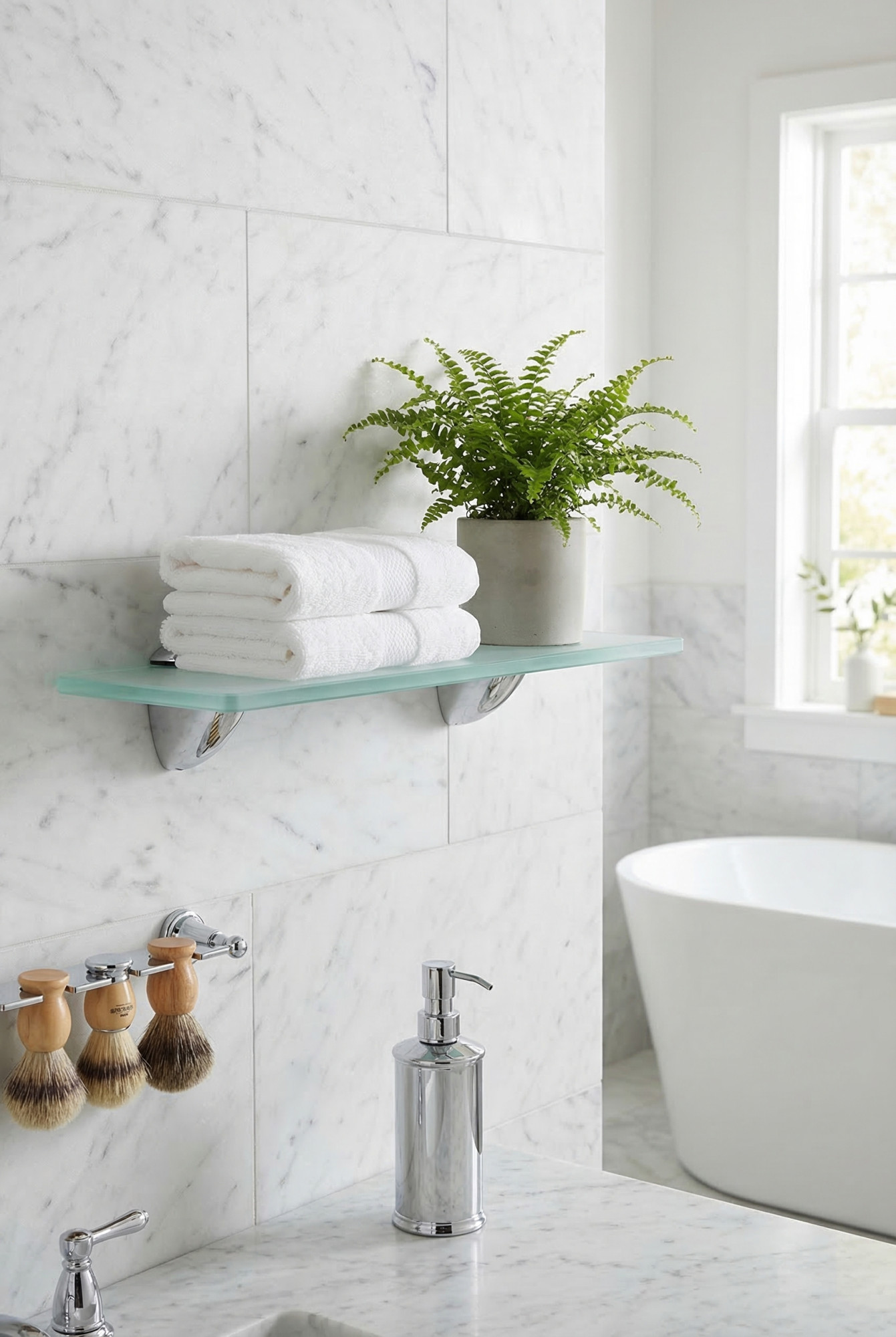 Łazienka z wykorzystaniem szklanej półki ściennej Imker 30 cm