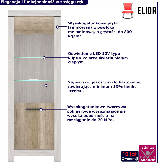 Wysoka witryna z LED Tillen 6X sosna canyon + dąb karabela