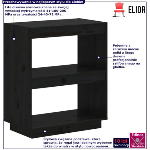 Fotografia Czarny niski regał sosnowy z 2 półkami - Lika 10X z kategorii Regały